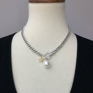 Silver link Chain choker with pearl, CZ & Star